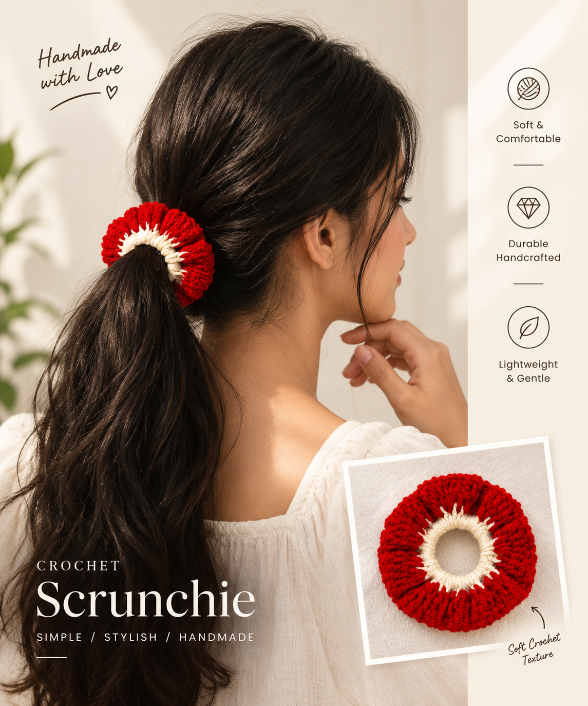 Handmade crochet scrunchie detail